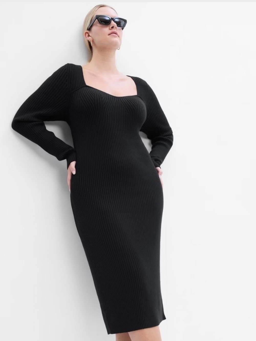 Gap Ribbed black Sweetheart Neck Knit long sleeve Midi sweater Dress, size XL